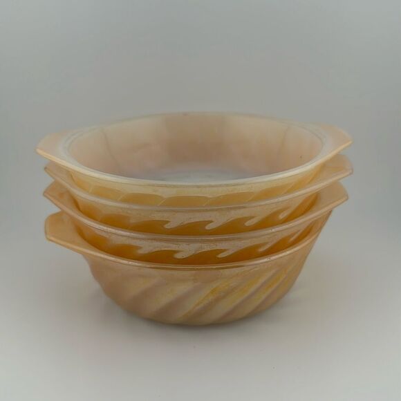 1950s Fire King Copper Peach Tint Luster Ovenware Swirl Individual Casseroles - Picture 1 of 3